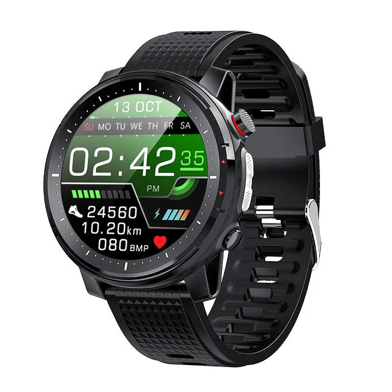 Android smart watch with round dial, silicone strap, and IP68 waterproof rating shown in black and red colour options