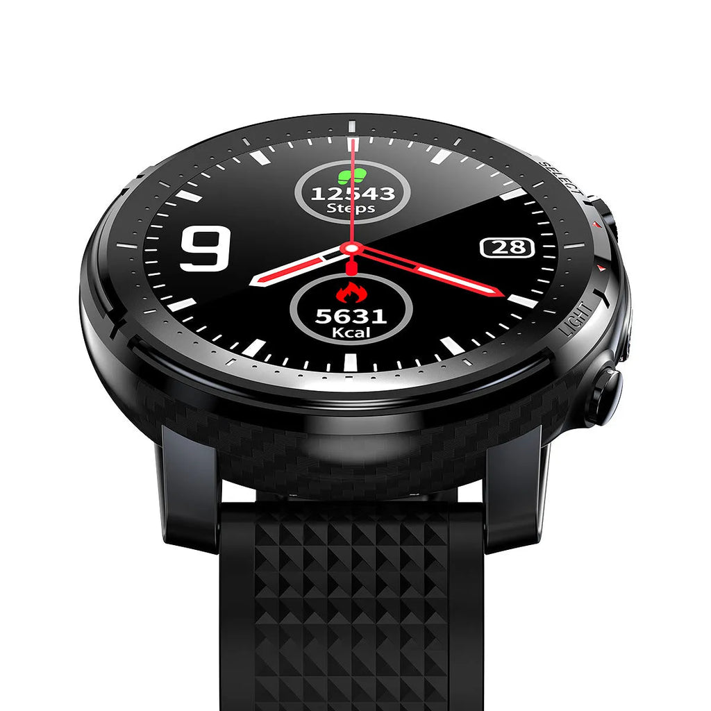 Android smart watch with round dial, silicone strap, and IP68 waterproof rating shown in black and red colour options