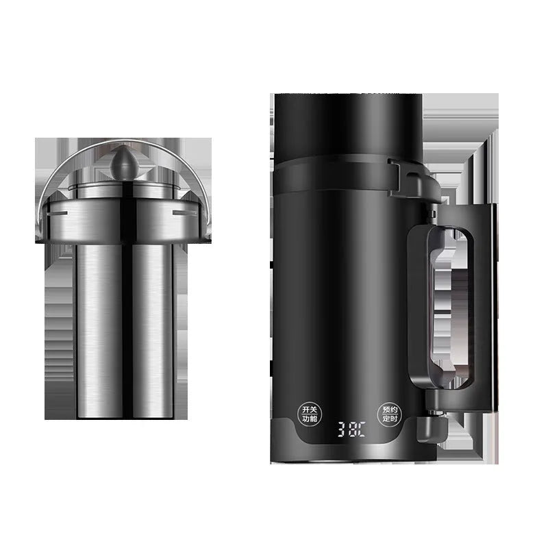 Black portable mini electric kettle with water level indicator and power base.