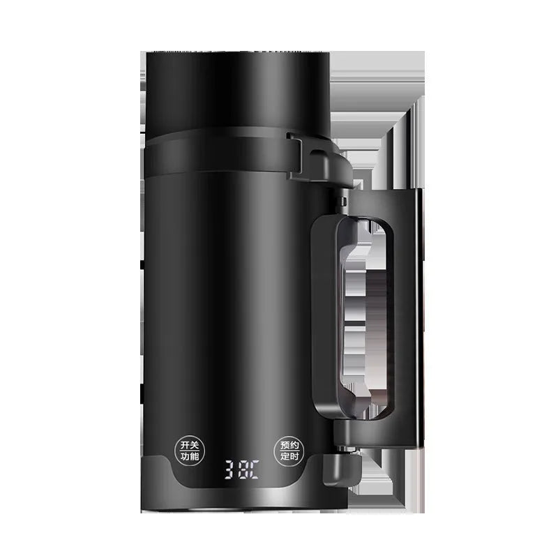Black portable mini electric kettle with water level indicator and power base.