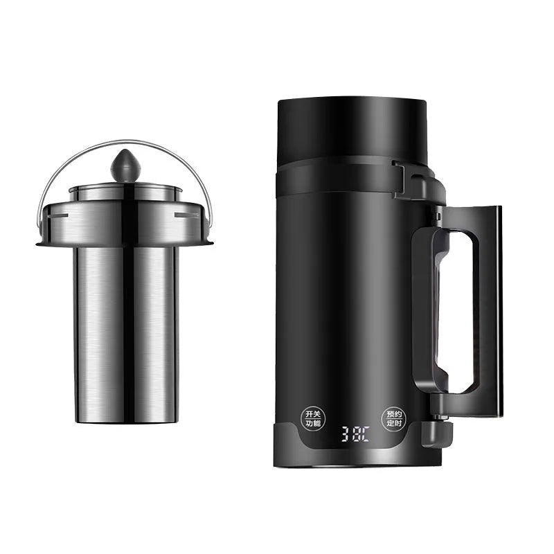 Black portable mini electric kettle with water level indicator and power base.