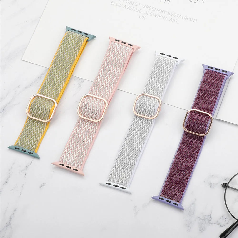 Braided nylon elastic Apple Watch strap with wave pattern in multiple colour options.