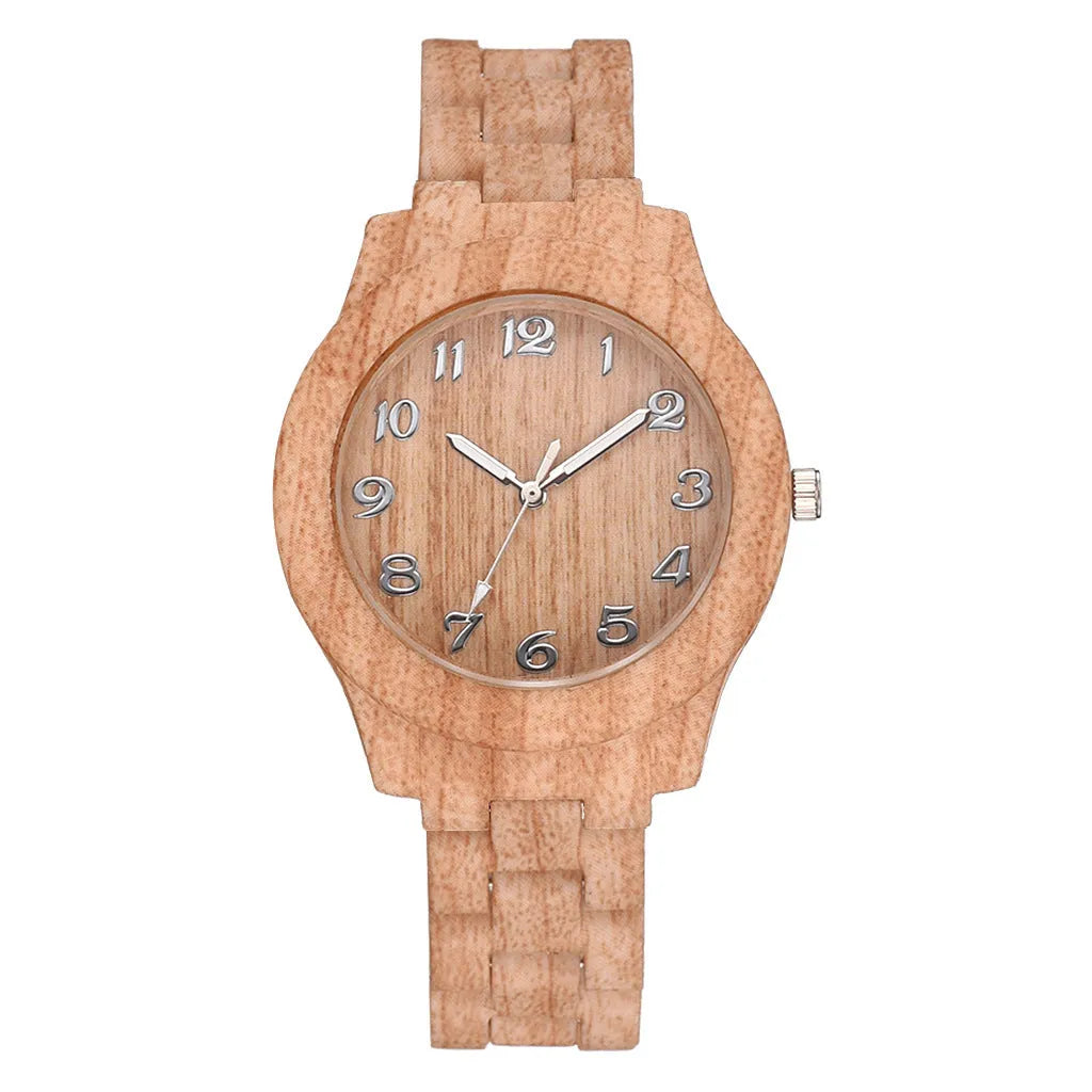 Wood grain retro quartz watch with silicone strap showing beige colour option