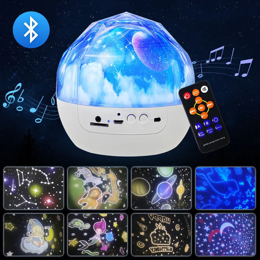 Compact cartoon-style starry sky projector lamp projecting cosmic imagery on a dark wall.