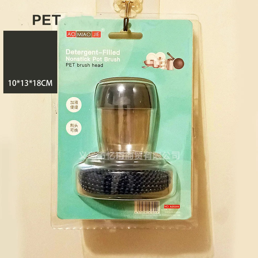 Kitchen palm brush with integrated push-type soap dispenser and bristles for scrubbing.