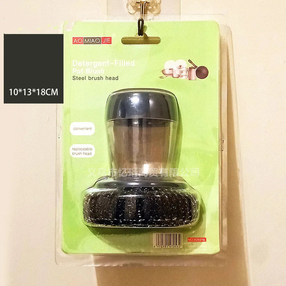 Kitchen palm brush with integrated push-type soap dispenser and bristles for scrubbing.