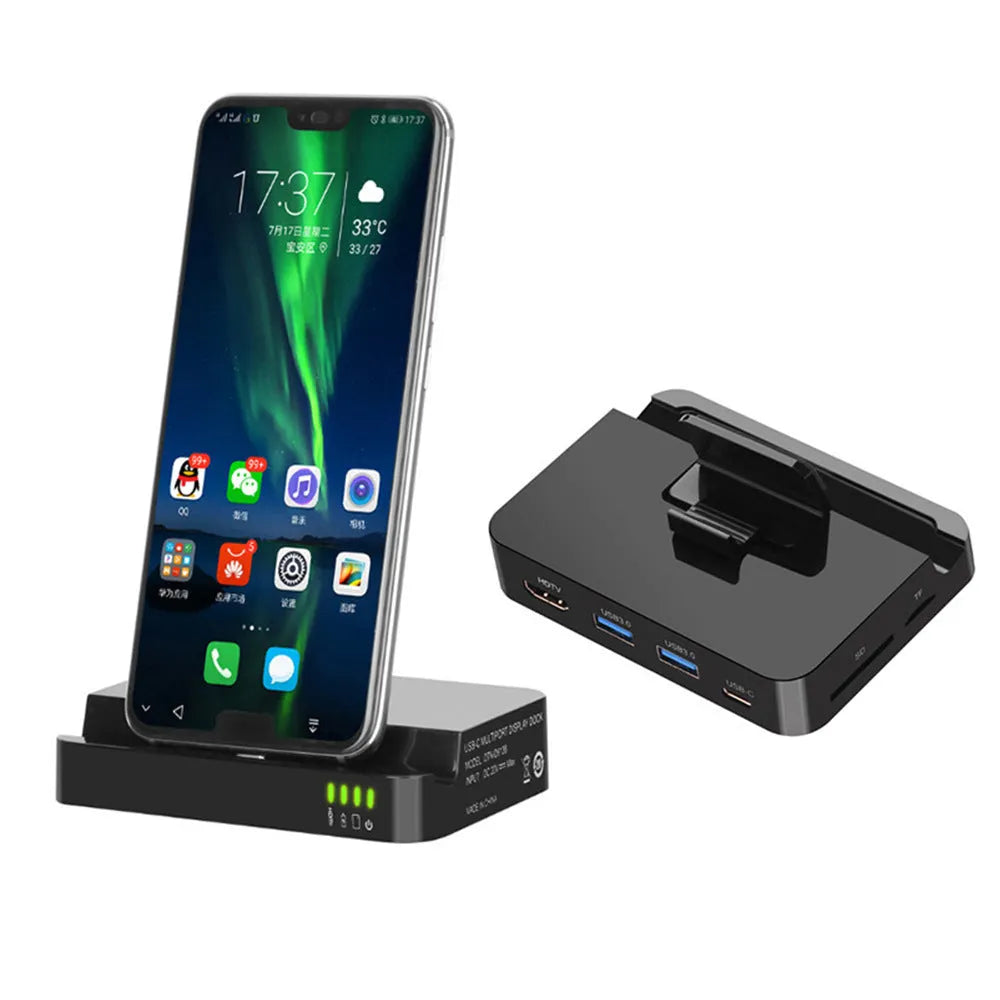 Black-based mobile phone to HD monitor converter dock with USB-C port.