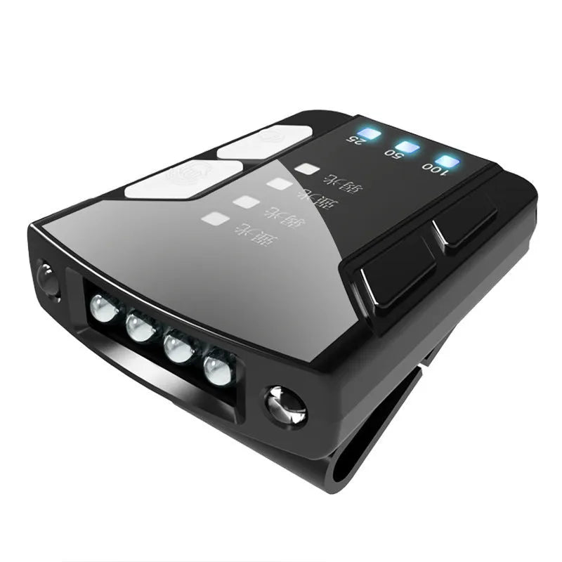 USB rechargeable fishing cap clip light with adjustable head and power indicator display.