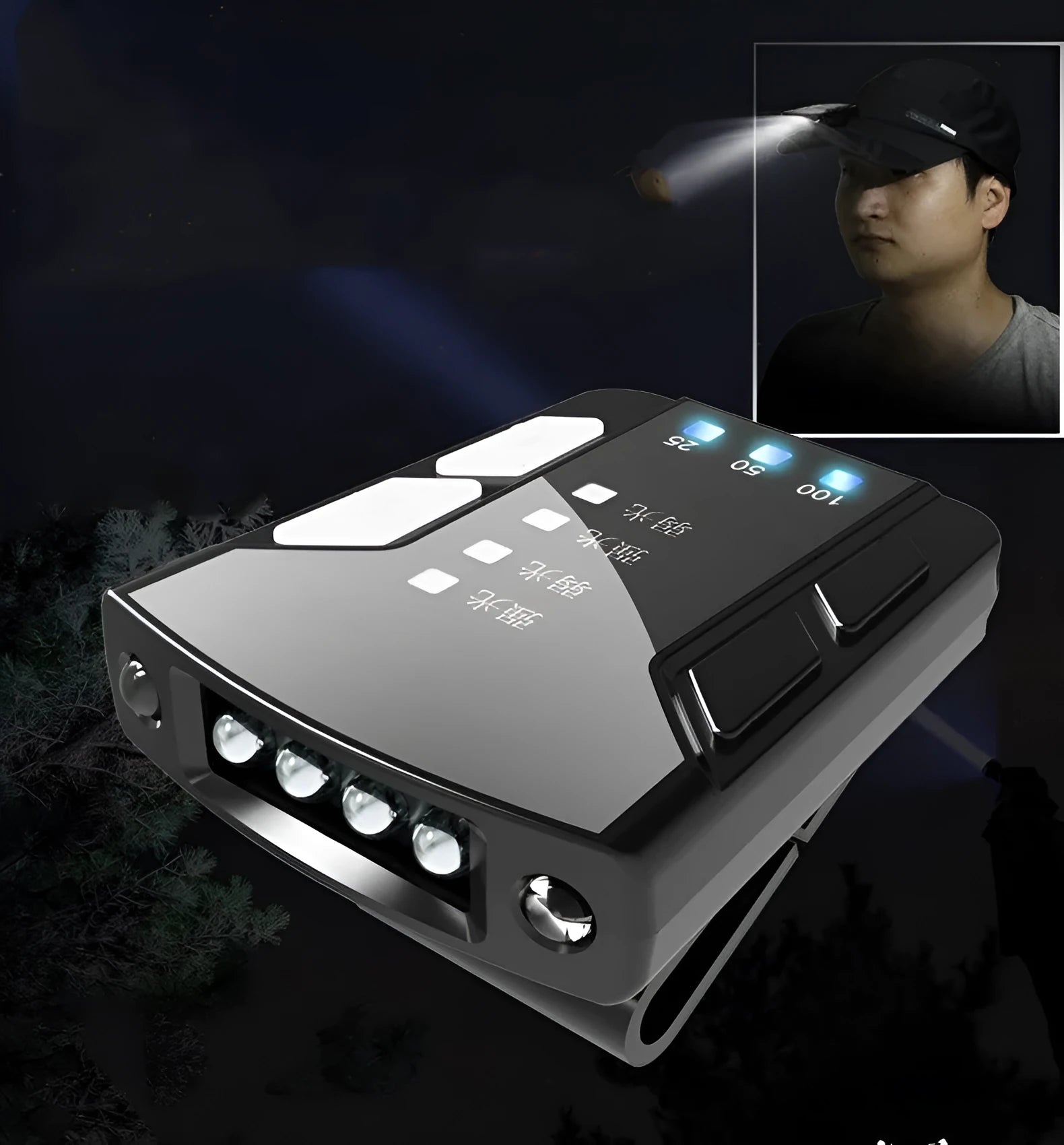 USB rechargeable fishing cap clip light with adjustable head and power indicator display.