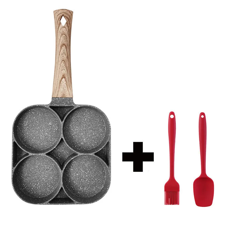 Aluminium four-hole non-stick frying pan with bakelite handle, silicone spatula, and oil brush