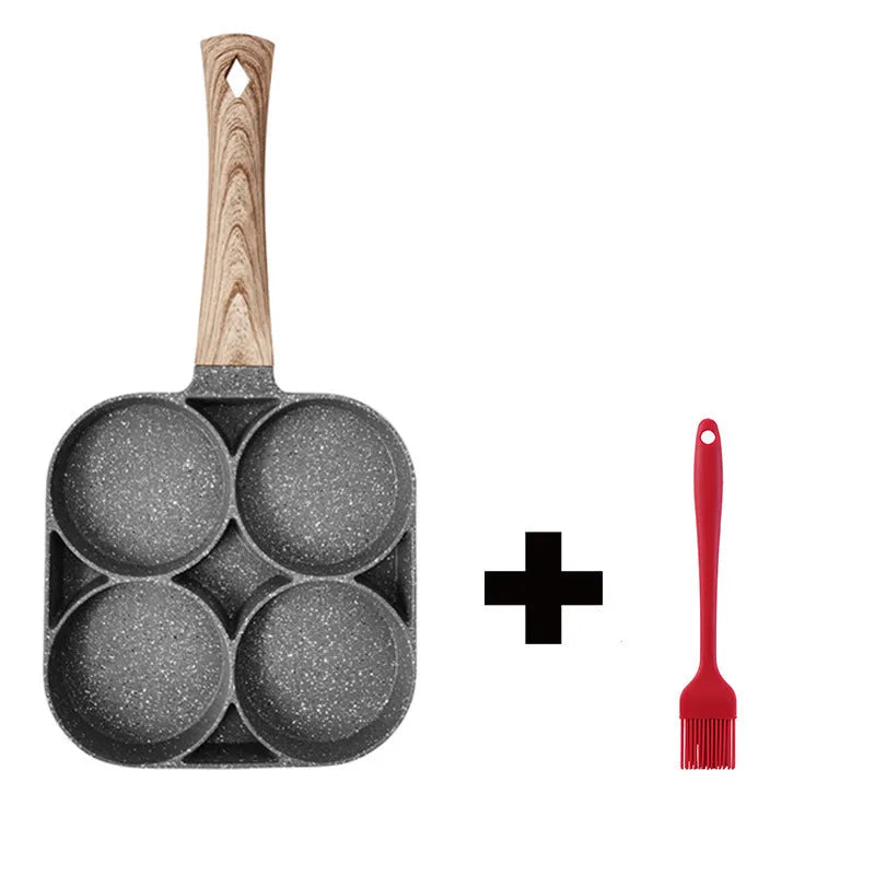 Aluminium four-hole non-stick frying pan with bakelite handle, silicone spatula, and oil brush