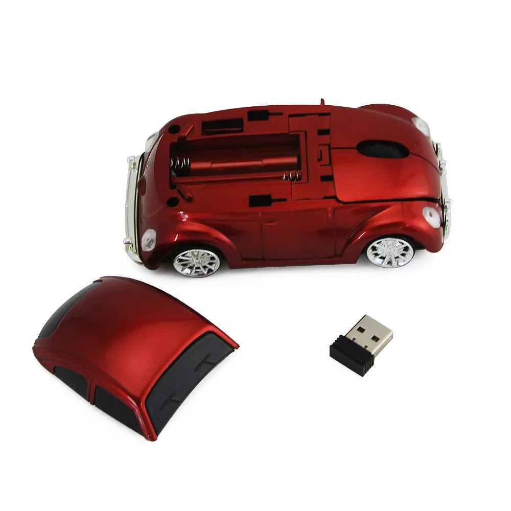 Creative beetle car shaped wireless optical mouse in black, blue, red, or yellow with USB receiver.