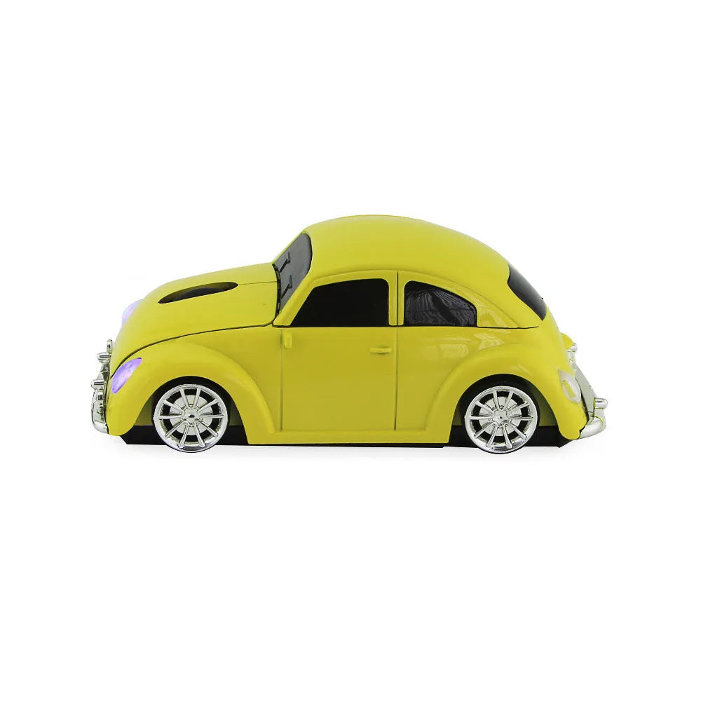 Creative beetle car shaped wireless optical mouse in black, blue, red, or yellow with USB receiver.