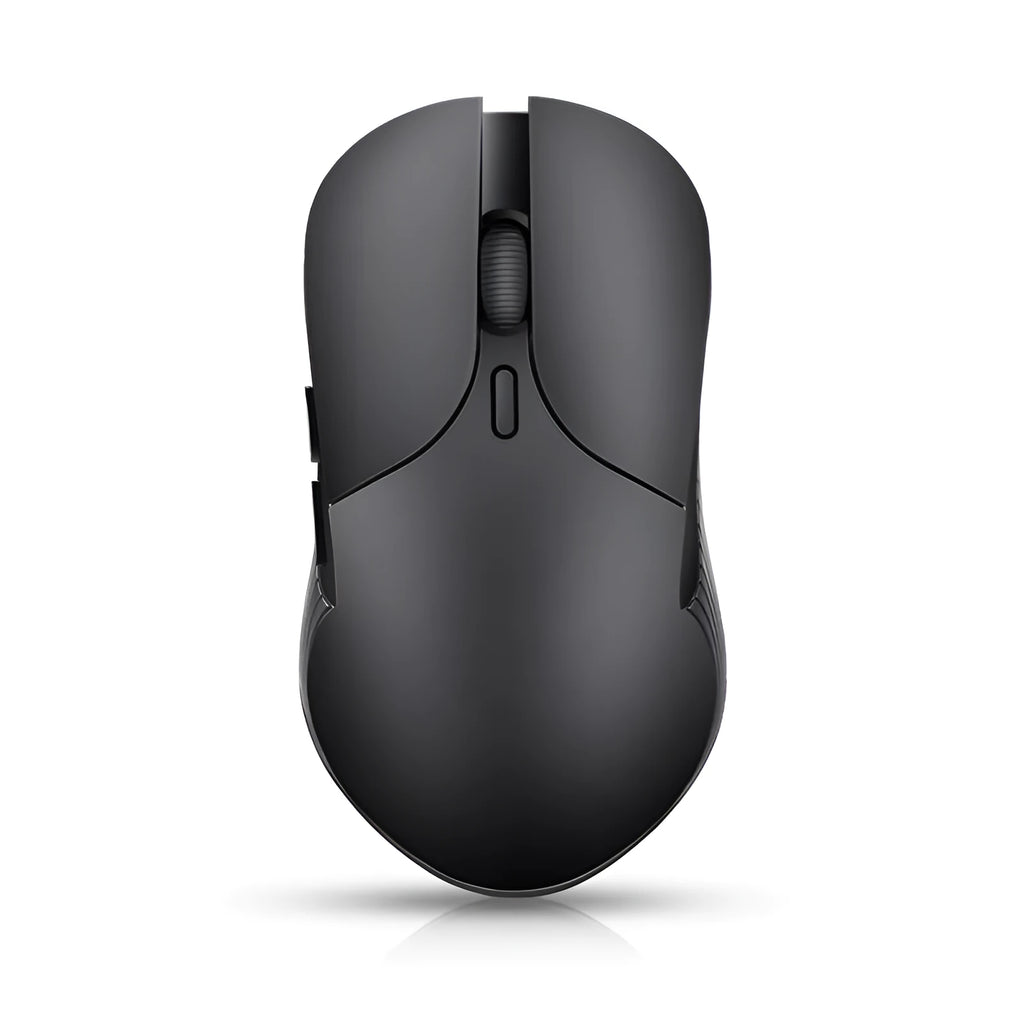 Blue rechargeable wireless voice translator mouse on a desk next to a laptop.