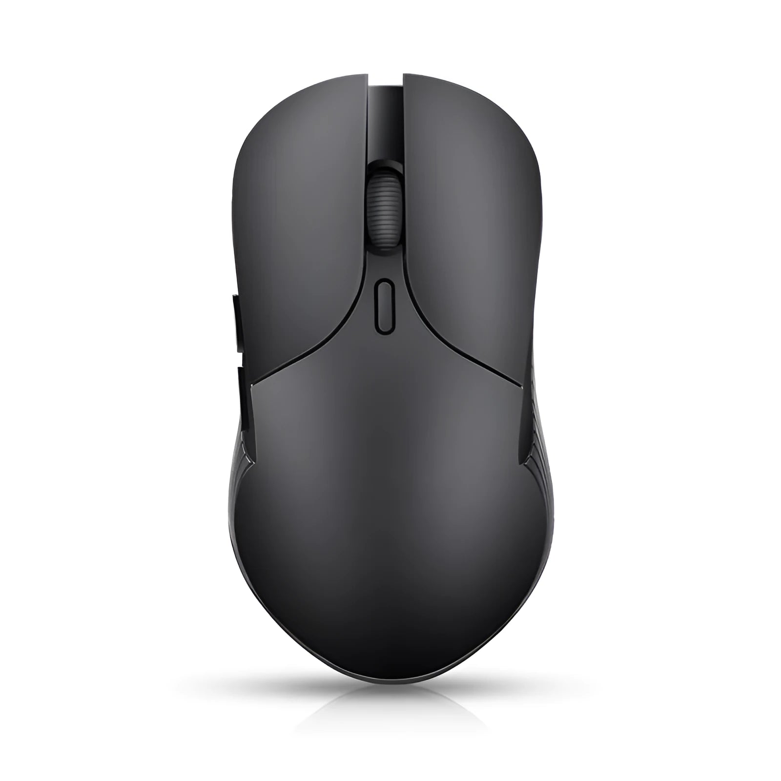 Blue rechargeable wireless voice translator mouse on a desk next to a laptop.
