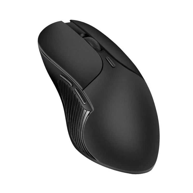 Blue rechargeable wireless voice translator mouse on a desk next to a laptop.