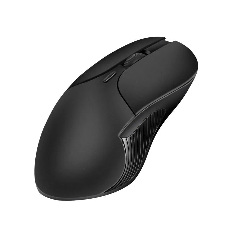 Blue rechargeable wireless voice translator mouse on a desk next to a laptop.