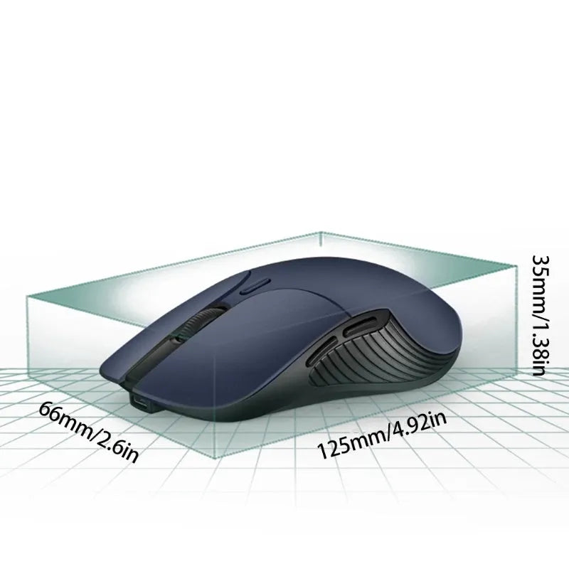 Blue rechargeable wireless voice translator mouse on a desk next to a laptop.