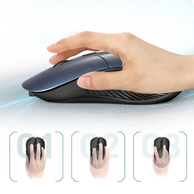 Blue rechargeable wireless voice translator mouse on a desk next to a laptop.