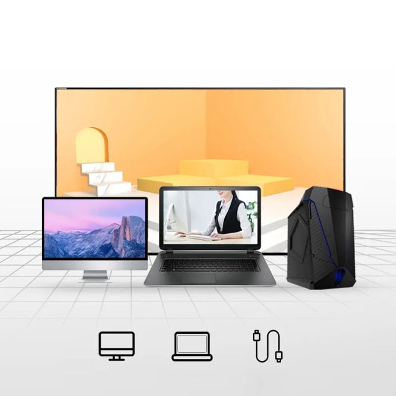 Blue rechargeable wireless voice translator mouse on a desk next to a laptop.