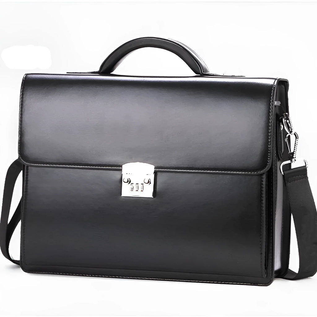 Black men's PU leather business briefcase with a shoulder strap, shown open to reveal internal zipper pockets.