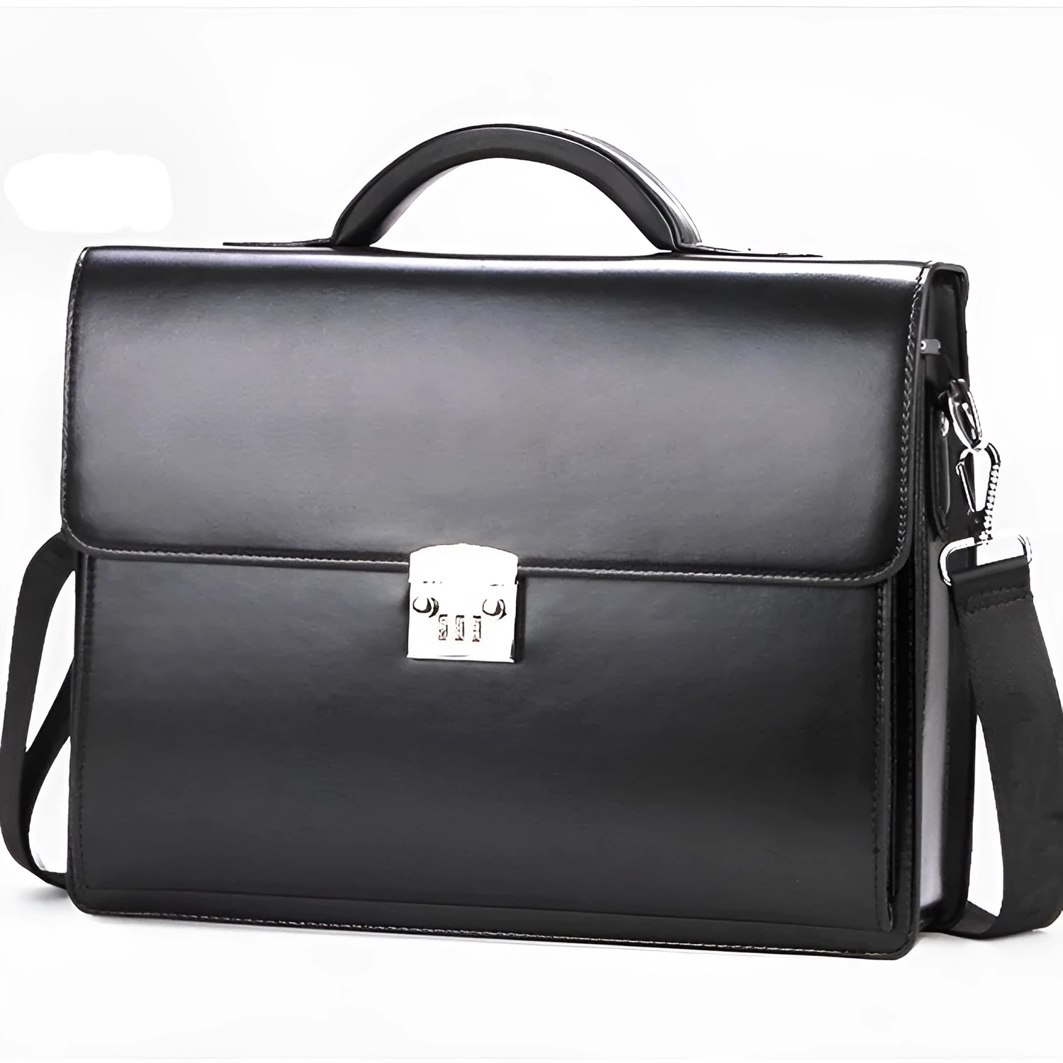 Black men's PU leather business briefcase with a shoulder strap, shown open to reveal internal zipper pockets.