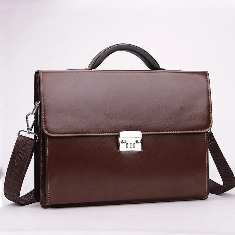 Black men's PU leather business briefcase with a shoulder strap, shown open to reveal internal zipper pockets.