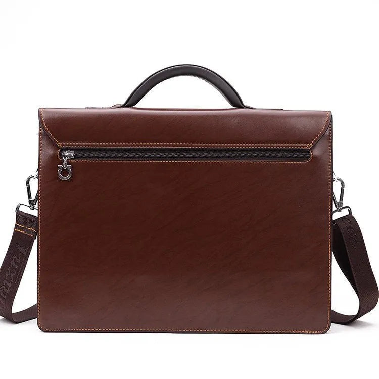 Black men's PU leather business briefcase with a shoulder strap, shown open to reveal internal zipper pockets.