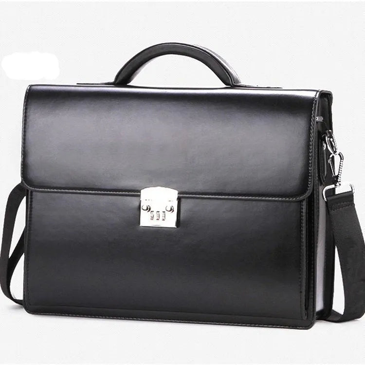 Black men's PU leather business briefcase with a shoulder strap, shown open to reveal internal zipper pockets.