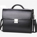 Black men's PU leather business briefcase with a shoulder strap, shown open to reveal internal zipper pockets.