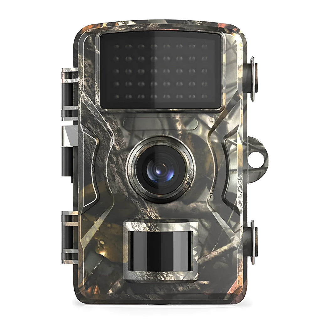 IP66 waterproof trail camera in camouflage with 2.4-inch screen for field monitoring and animal detection