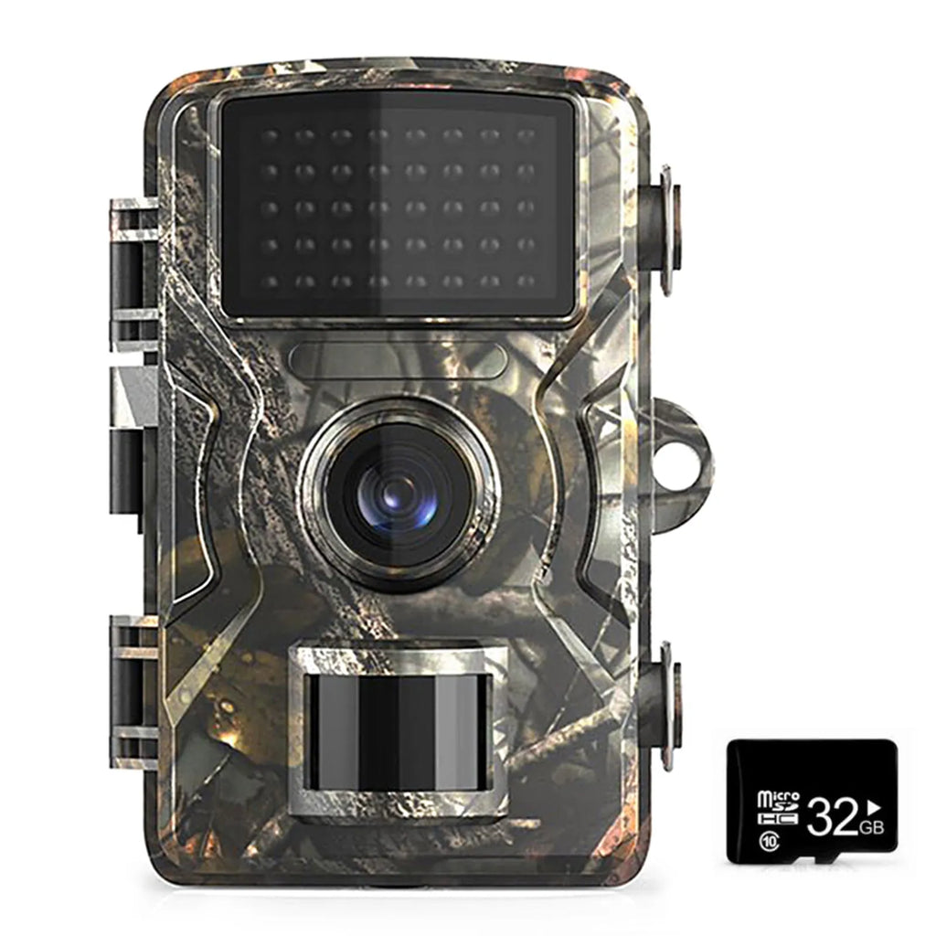 IP66 waterproof trail camera in camouflage with 2.4-inch screen for field monitoring and animal detection