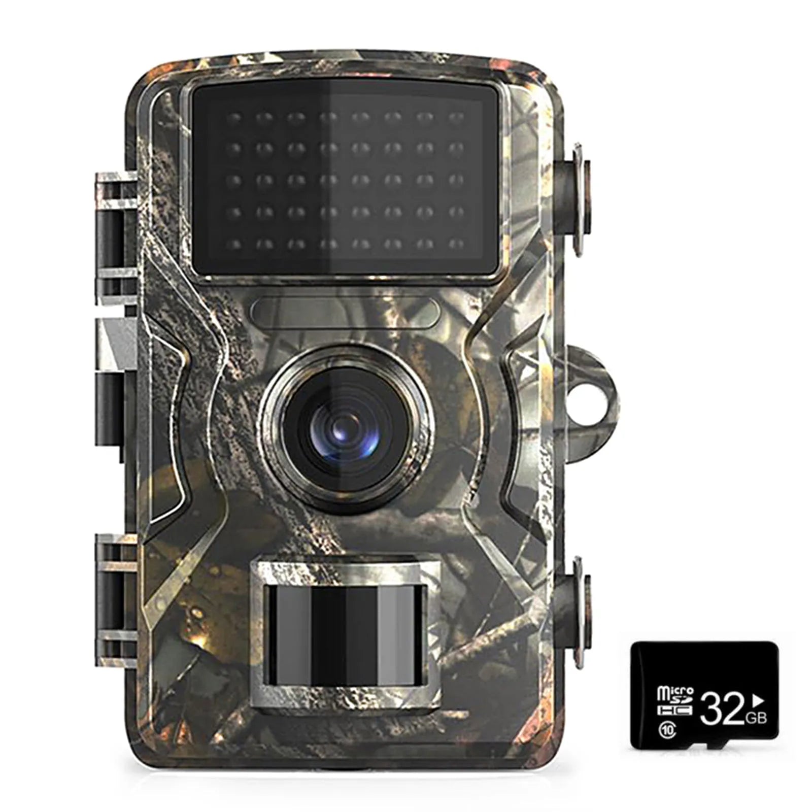 IP66 waterproof trail camera in camouflage with 2.4-inch screen for field monitoring and animal detection