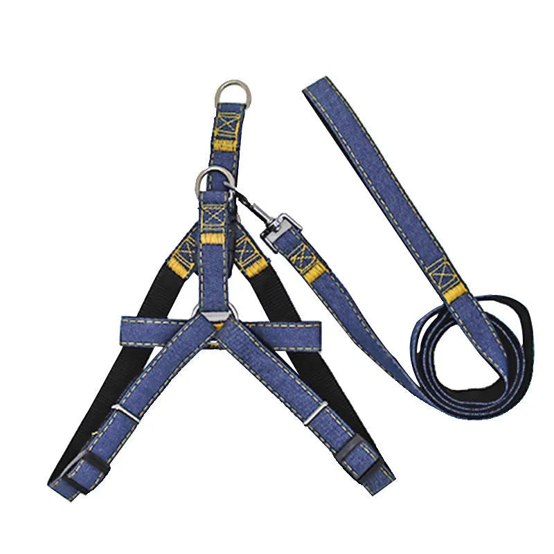 Dog walking traction rope harness in denim and nylon with 120cm rope, black colour, small to extra large sizes