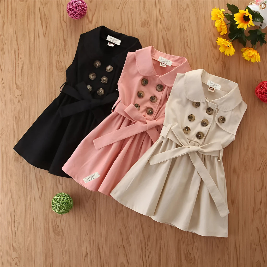 Baby girl in a sleeveless cotton A-line princess dress with a sash and button detail.