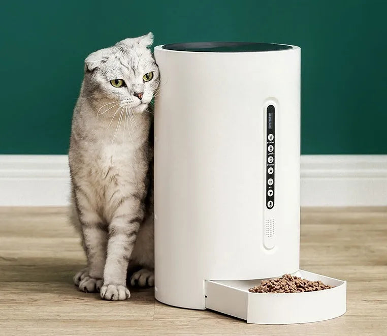 White automatic pet feeder with 4.6L capacity and timing display