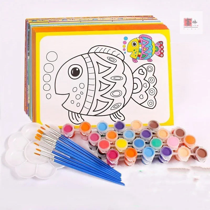 Children's gouache painting set showing sketch pad with pre-printed picture, 8 rows of pigments, and painting pens.
