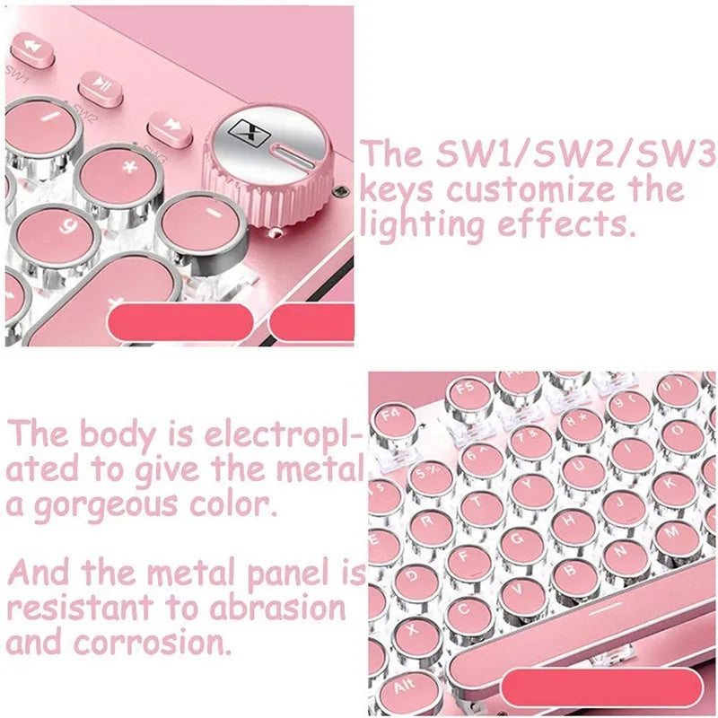 Pink and silver wired mechanical keyboard with green switches and matching mouse on a desk.