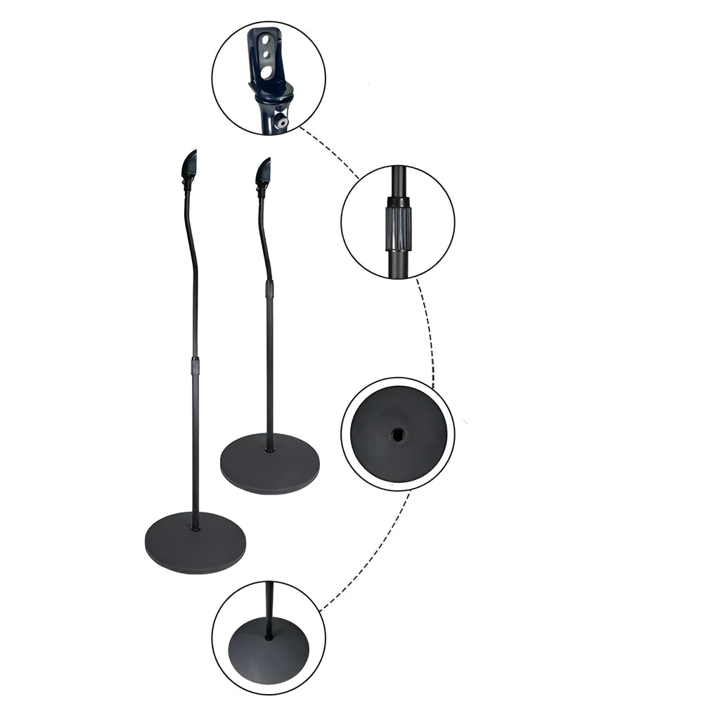 A black universal satellite speaker stand bracket on a shelf, next to an iPhone.