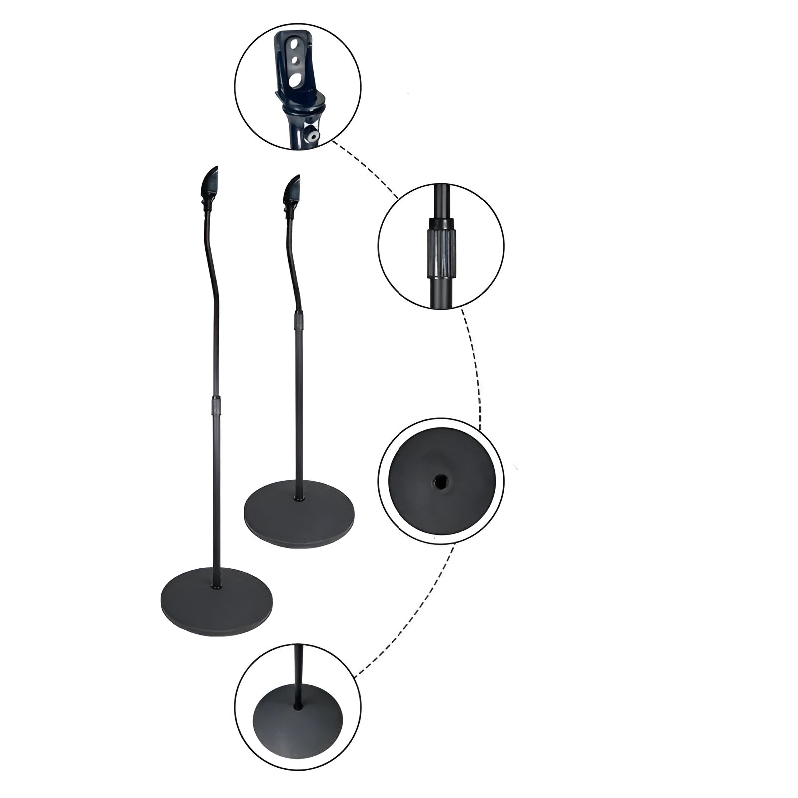 A black universal satellite speaker stand bracket on a shelf, next to an iPhone.