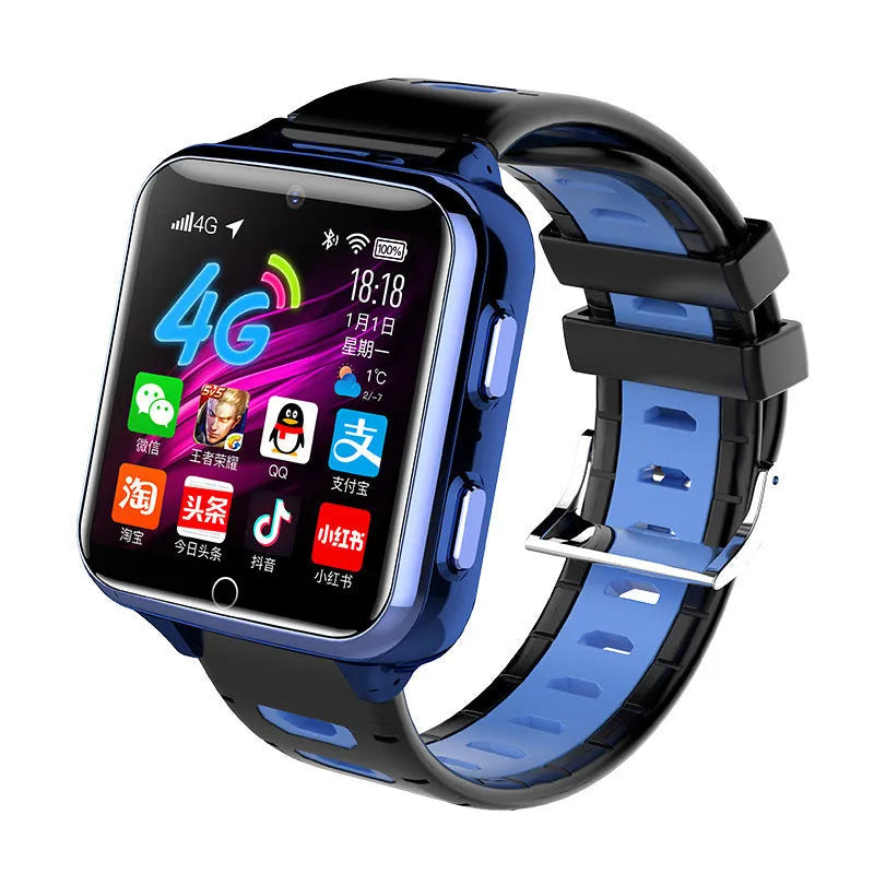 Children's smart watch with black silicone sport strap showing touch screen interface