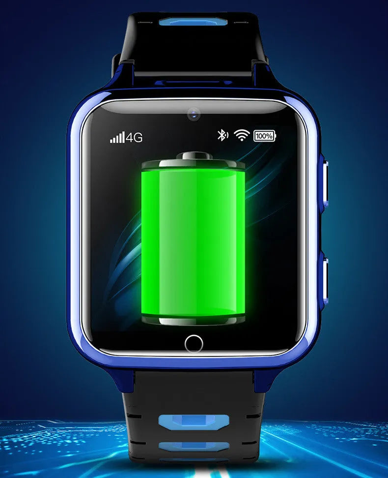 Children's smart watch with black silicone sport strap showing touch screen interface