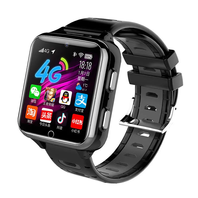 Children's smart watch with black silicone sport strap showing touch screen interface