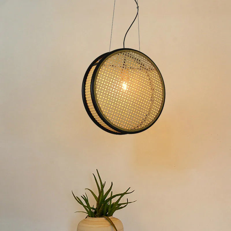 Black-rimmed rattan retro glass chandelier with iron frame, 30cm or 40cm fishing line pendant
