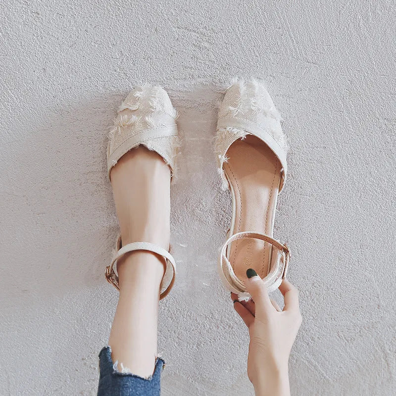 Women's apricot suede D'Orsay flats with an ankle strap and low 3cm heel.
