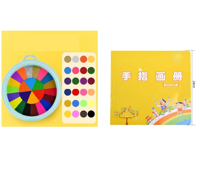 Children's finger print mud kit with plastic inkpad, stamp, and picture album for non-toxic sensory play.