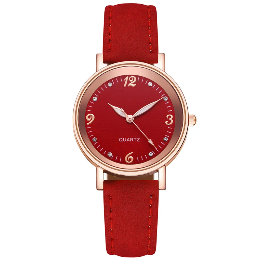 Luminous women's quartz watch with 36mm alloy case, glass dial, and brown leather strap