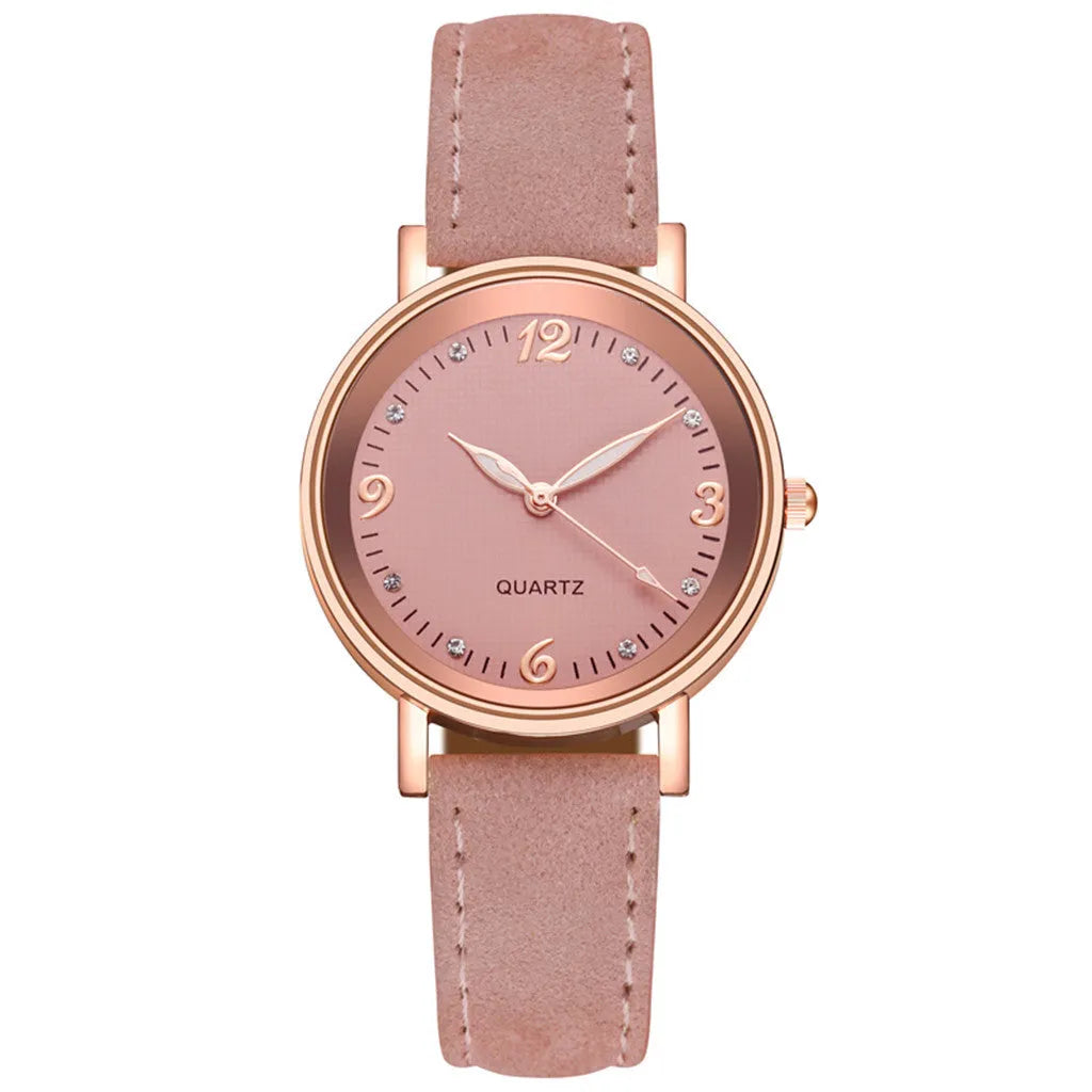 Luminous women's quartz watch with 36mm alloy case, glass dial, and brown leather strap