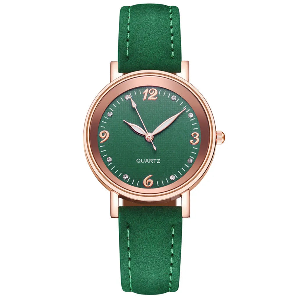 Luminous women's quartz watch with 36mm alloy case, glass dial, and brown leather strap