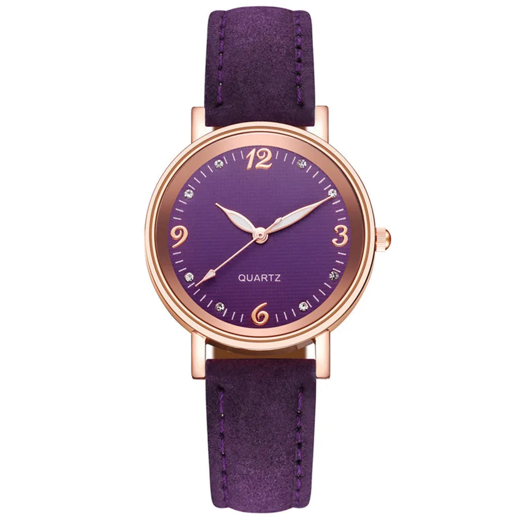 Luminous women's quartz watch with 36mm alloy case, glass dial, and brown leather strap